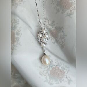 White Freshwater Pearl & Cubic Zirconia Cluster Drop Pendant 925 Silver Necklace